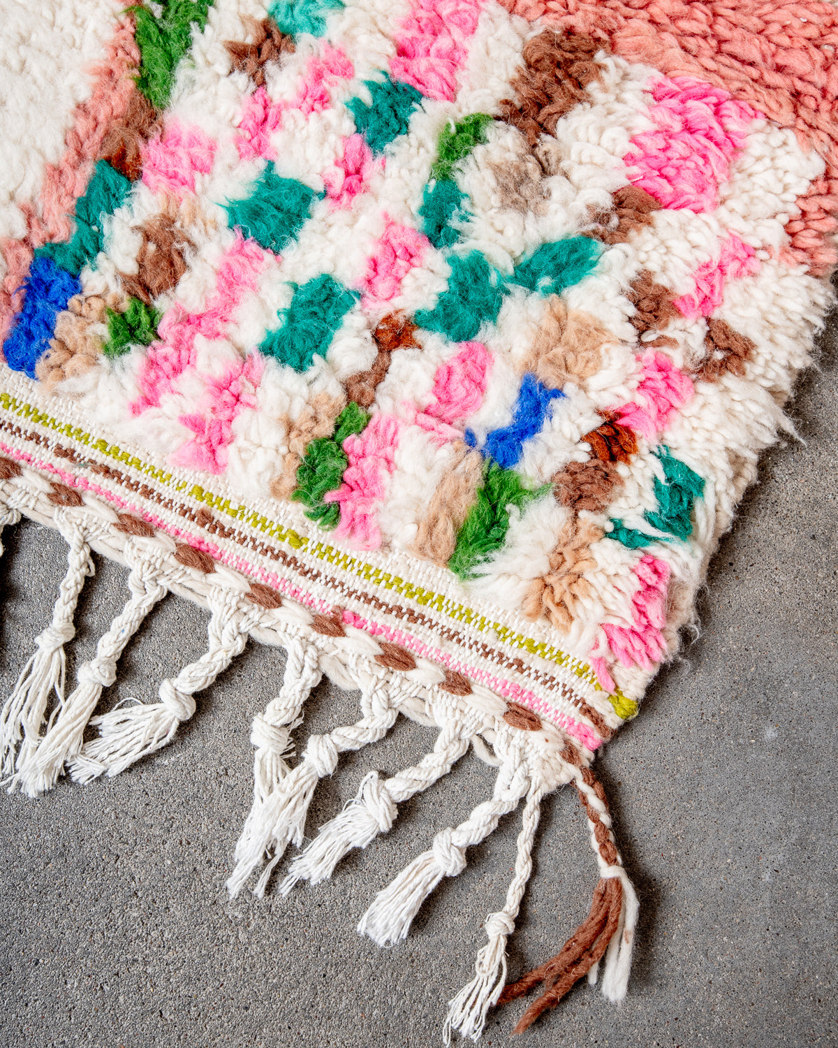 Modern, designer, handcrafted Berber rug from Morocco. Beniourain carpet with beautiful colours and patterns and fluffy wool texture.